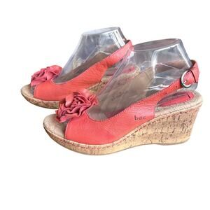 B.O.C. Born Concept Wedge Sandals Size 8 Salmon Pink Leather Flower Cork Strap